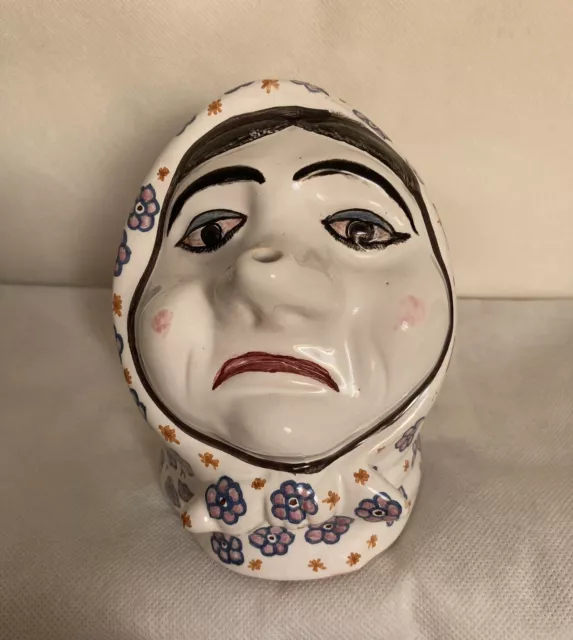 Vintage Hand Painted Pottery Pitcher / Jug. Woman’s Face, Floral Scarf, Portugal