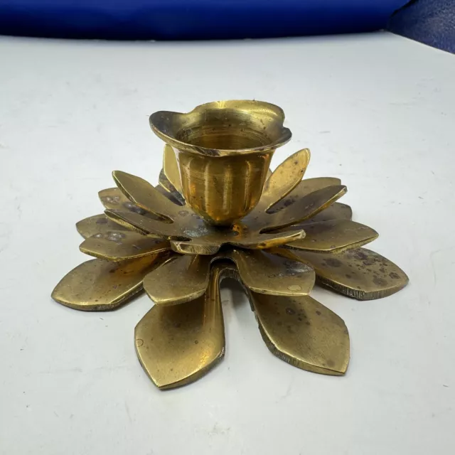 Single Flower Candle Stick Brass Chamber-stick Authentic Rare Vintage