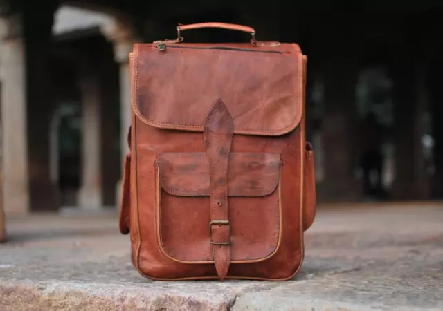 16" para Hombre Y Mujer Grande Cuero Cuadrado Mochila Bolsa de Viaje Portátil