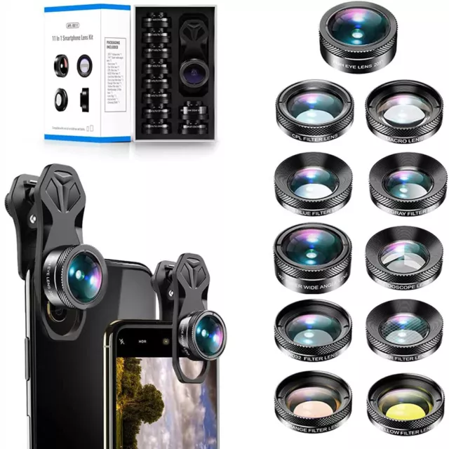 APEXEL 11in1 Clip On Camera Lens Kit Fisheye Wide Angle Macro For Cell Phone