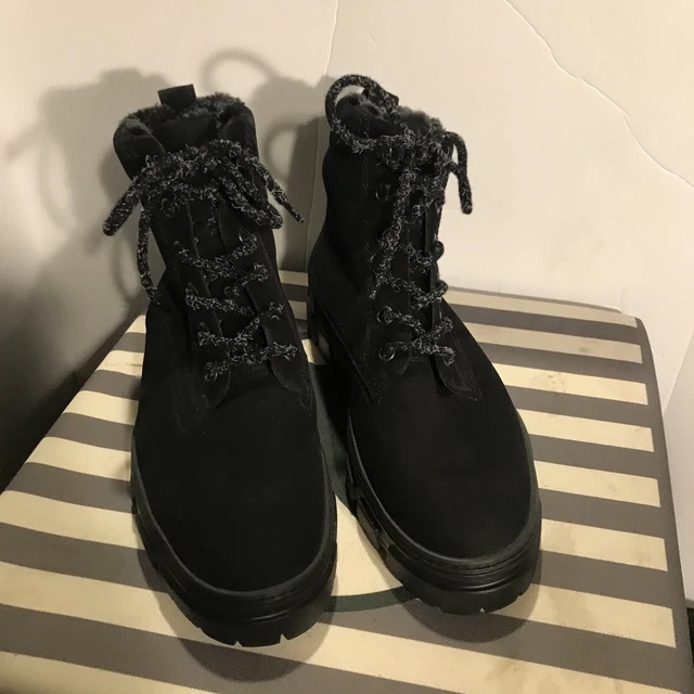 PAUL GREEN  Lace-Up COMBAT Boot Black Suede/Sheepskin Sz 7.5/US Wmn10 NWOB $125