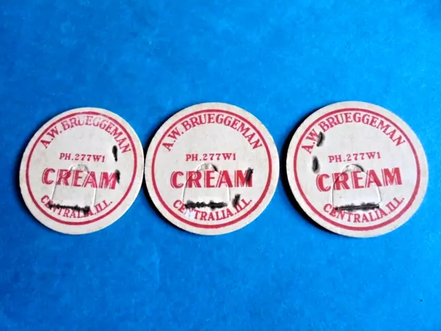 Lot of 3 Vintage A W Brueggeman Centralia Illinois Milk Bottle Cream Caps