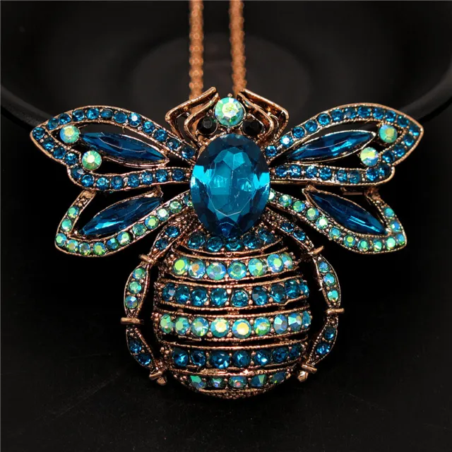 Fashion Women Bling Blue Rhinestone Honey Bee Crystal Pendant Chain Necklace