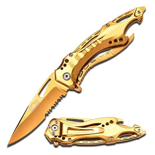 – Spring Assisted Folding Knife – Partially Serrated Gold TiNite Coated Stain...