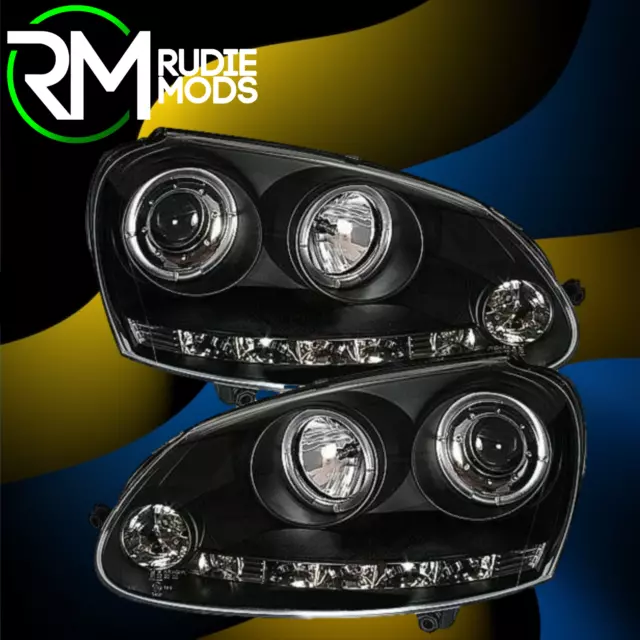 Black Twin Angel Eye Projector Headlights for VW Golf Mk5 with LED DRL R8 strip