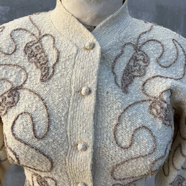 Vintage 1940s Cream Hand Loomed Cotton Snyder Knit Sweater Soutache Embroidery 3