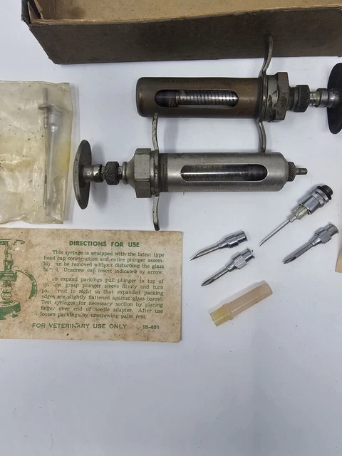 2 ANTIQUE MEDICAL VETERINARY SYRINGES With Extras and Jen-Sal Penicillin Paper