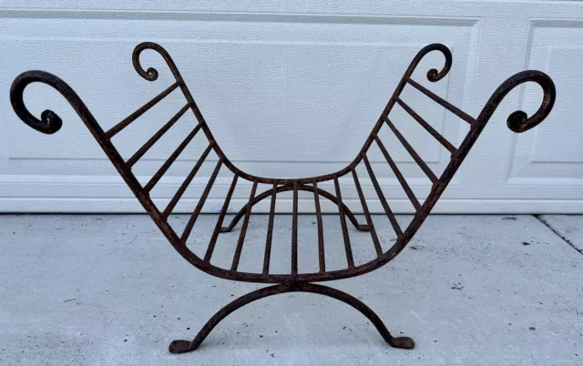 Antique Early American Large Hand Forged Wrought Iron Curve Fireplace Log Holder