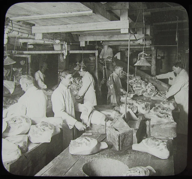 Glass Magic Lantern Slide BUTCHERS TRIMMING HAMS CHICAGO IL C1910 PHOTO USA