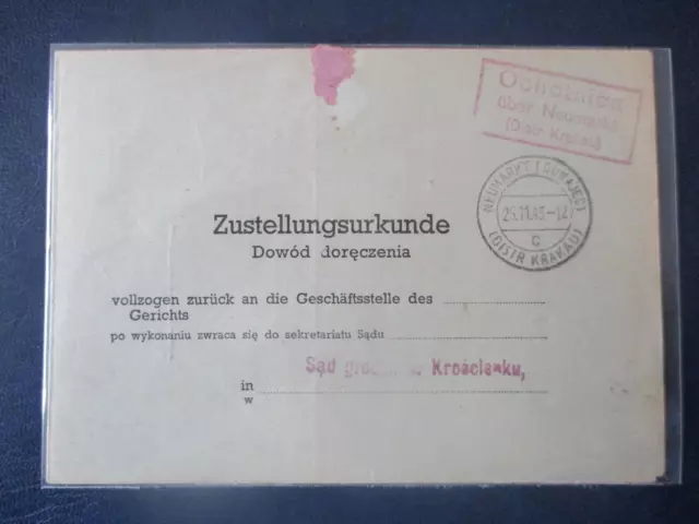 (X1535) GG Zustellungsurkunde Ochotnica über Neumarkt, Distr. Krakau 1943