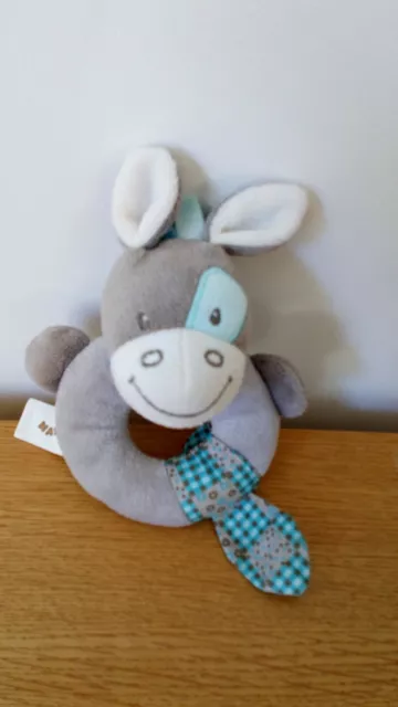 Doudou hochet  grelot âne Gaston bleu gris Nattou