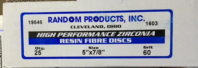 RANDOM PRODUCTS 5” x 7/8" 60 Grit Resin Fiber Sanding Disc Zirconia 25 Pack NEW