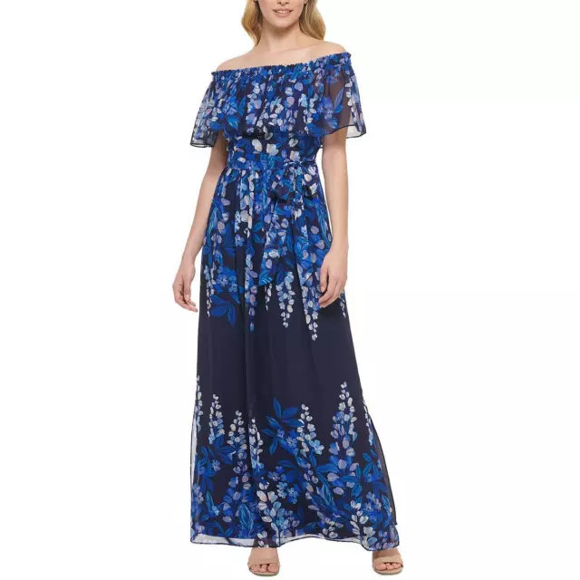 Eliza J Womens Navy Chiffon Off The Shoulder Floral Maxi Dress 4 BHFO 2676