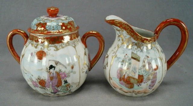 Late 19th Century Kutani Hand Painted Japanese Scenes Red & Gold Creamer & Sugar