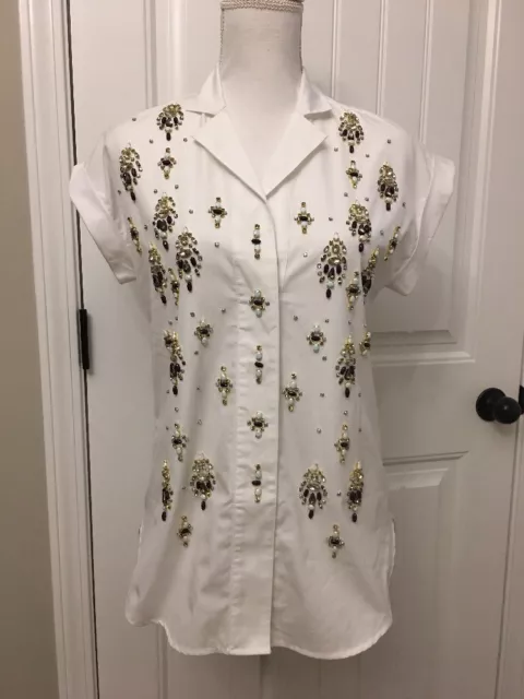 New Collection Thomas Mason for JCrew Embellished Popover Shirt White Sz 0 F5827