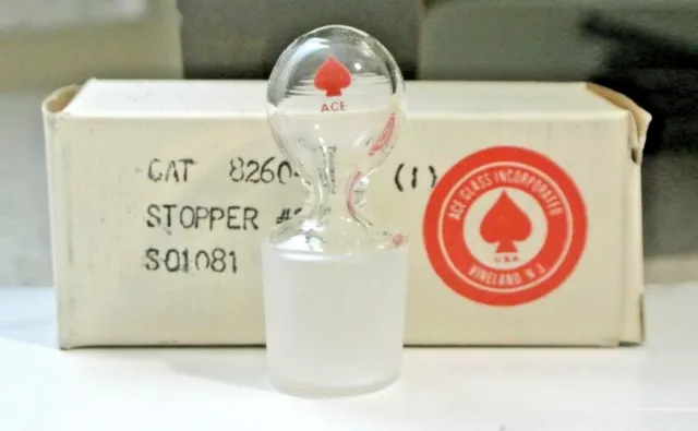 NOS Ace Lab Glass 22 Inner Joint Round Head Hollow Stopper Cat # 8260-12