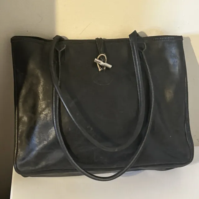 Authentic Longchamp Black Roseau Leather Toggle Shopper Top Handle Bag