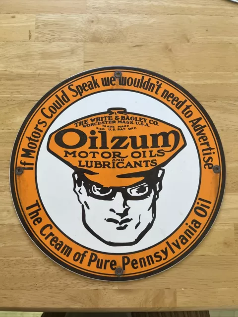 Vintage Oilzum Gasoline Porcelain Gas Oil Service Station Pump Plate Ad Sign 12”