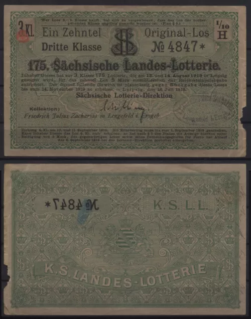 [27340] - 1/10 LOTTERIELOS, 175. Sächsische Landes-Lotterie, Leipzig, 18.07.1919