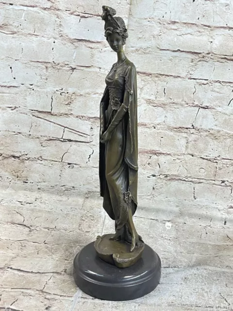 Real Bronze Metal Stone Classical Victorian Woman Lady Flowers Sculpture Figure