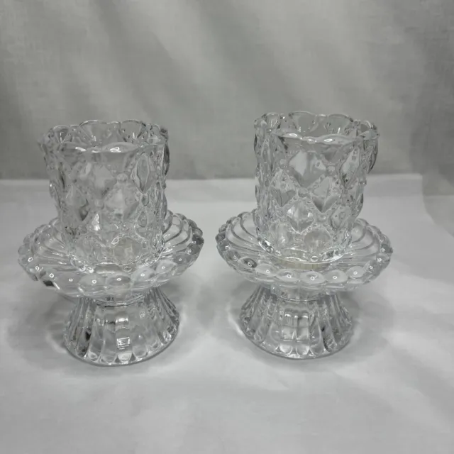 Pair of Partylite Quilted Crystal Clear Votive/Tea Light Candle Holders