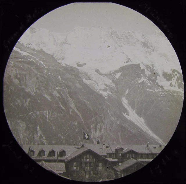 Glass Magic Lantern Slide CHALETS BELOW MOUNTAINS C1910 PHOTO SWITZERLAND