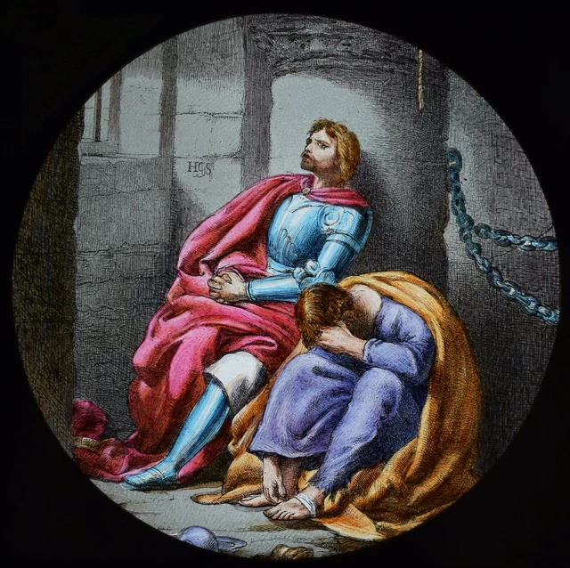 ANTIQUE Magic Lantern Slide PILGRIMS PROGRESS NO78 C1890 KNIGHT IN DUNGEONS