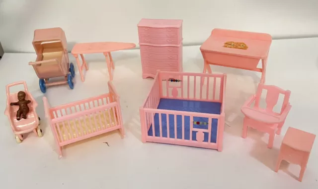 Renwal PINK Nursery Dollhouse Furniture Lot of 10 Buggy Stroller Cradle VTG 3