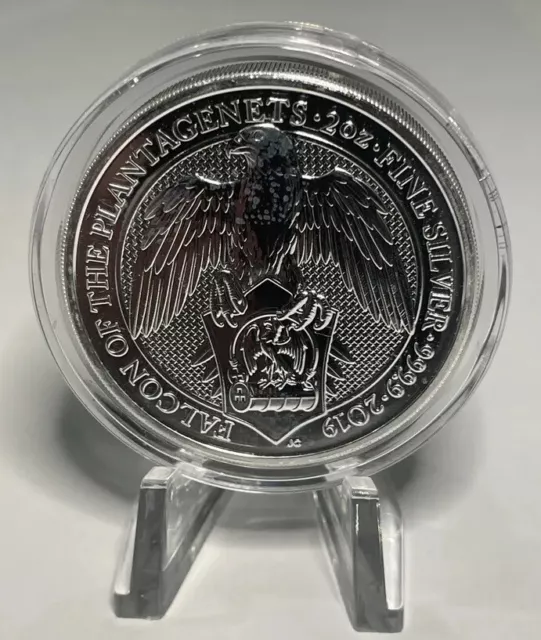 2019 Great Britain 2 oz Silver Queen's Beasts Falcon .9999 Milk Spots In Flip