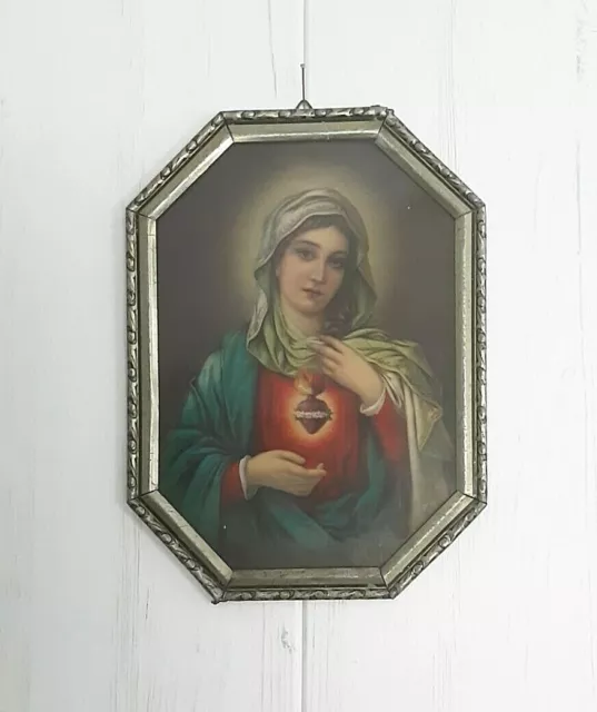 Bild MARIA Flammen HERZ JESU Mutter Gott HEILIG Kreuz Sakral Shabby OMA Vintage