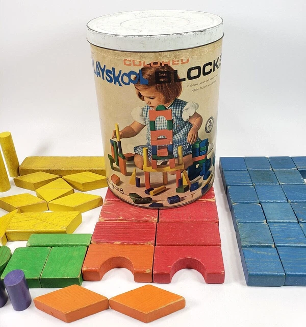 VINTAGE 1969 PLAYSKOOL Colored Wooden Building Blocks Original