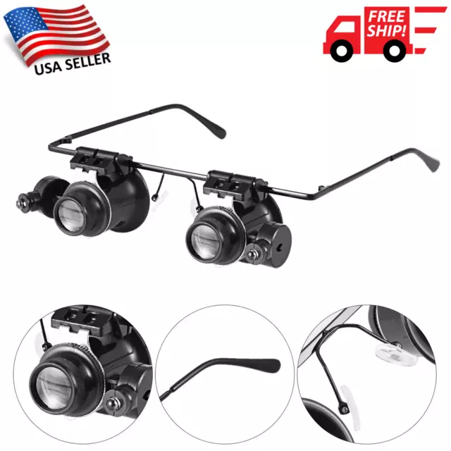 Double Eye Jewelry Watch Repair Magnifier Loupe Glasses With LED Light Lens US