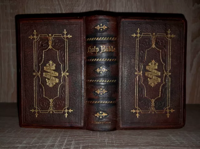 Stunning Antique Holy Bible, 1871, Fine Leather Binding, Colour Plates