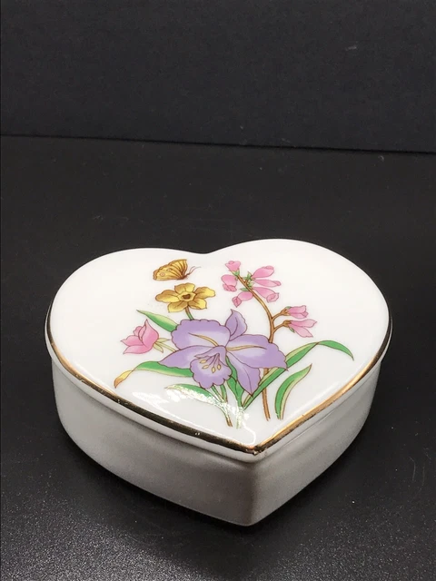 VTG Porcelain Floral Butterfly Heart Shape Trinket Dish w/ Lid~Gold Trim