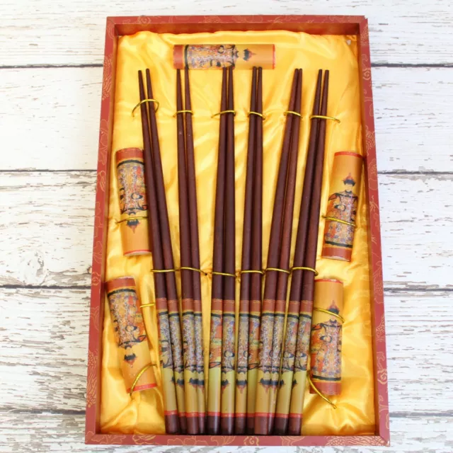 Vintage Wood Chopsticks 6 Pair Cherry Tone Painted 5 Rests Red In Ornate Box