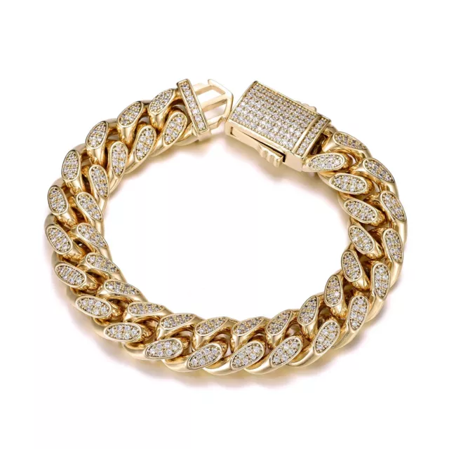 24ct Gold Layered Mens Chunky Heavy Cz Cuban link Curb Bracelet 8.5" 24k