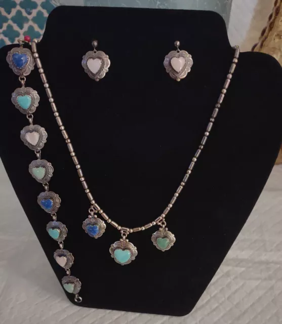 925 Sterling Silver , Turquoise Necklace , Bracelet & Heart Earrings