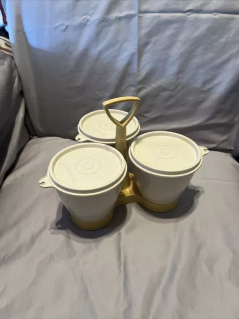 Tupperware Condiment Caddy Set 3 Bowls Lids Harvest Gold Vintage