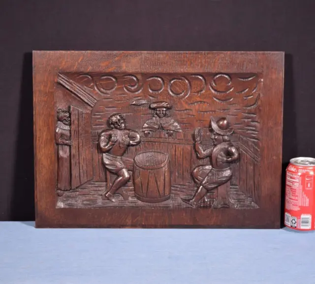 *French Antique Carved Panel Solid Oak Wood Door with Men Drinking in a Bar