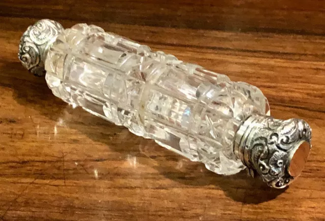 Victorian Double Ended Scent Perfume Bottle Cut Crystal Glass & Silver Repousse