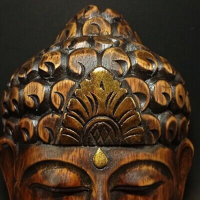 Buddha Face Wood Mask Hand Carved Wall Decor Art Hanging Meditate Enlightenment