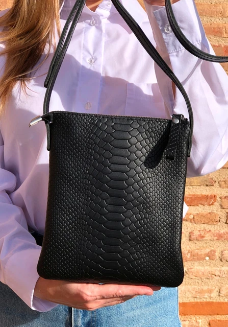 Sac Bandoulière Homme Mona En Cuir Italien - Noir Mat Effet Python - Fait Main - Neuf Sans étiquettes
