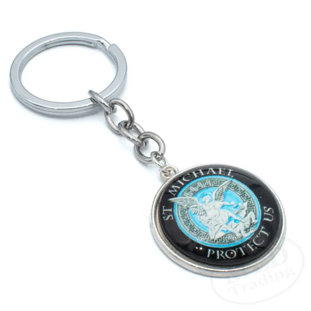 Archangel Saint St Michael Protect Us Black And Blue Glass And Metal Key Chain