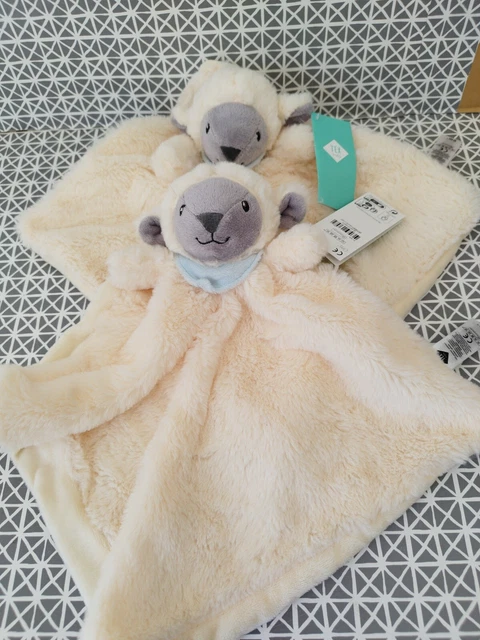 Doudou plat mouton blanc gris bandana bleu grelot Tex Baby neuf lot de 2