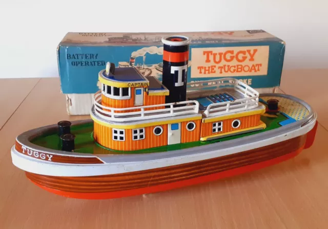 MARUSAN San Vintage Japan TUGGY The TUGBOAT Tin Litho Battery Toy Boxed FWO 50s