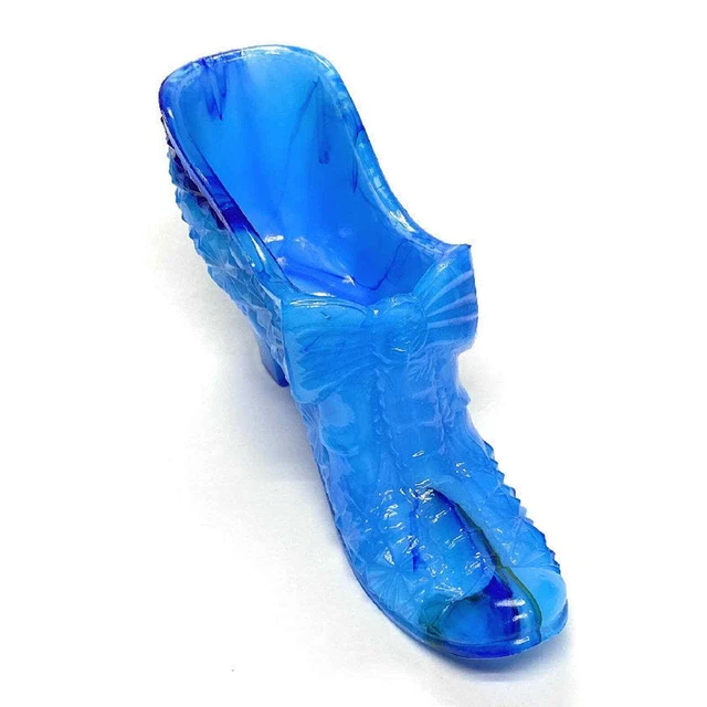 Boyd Art Glass Daisy Button Slipper Shoe 1999 Peacock Blue Swirl Bow Tie B295