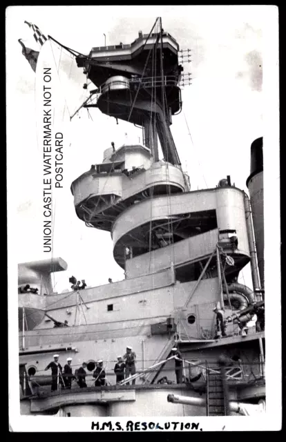 REAL PHOTO POSTCARD ROYAL NAVY BATTLESHIP HMS RESOLUTION SUPERSTRUCTURE c1940