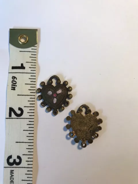 VTG Antique Brass Banana Bob HEART Hand Painted Flower Finding/Charm/Connector