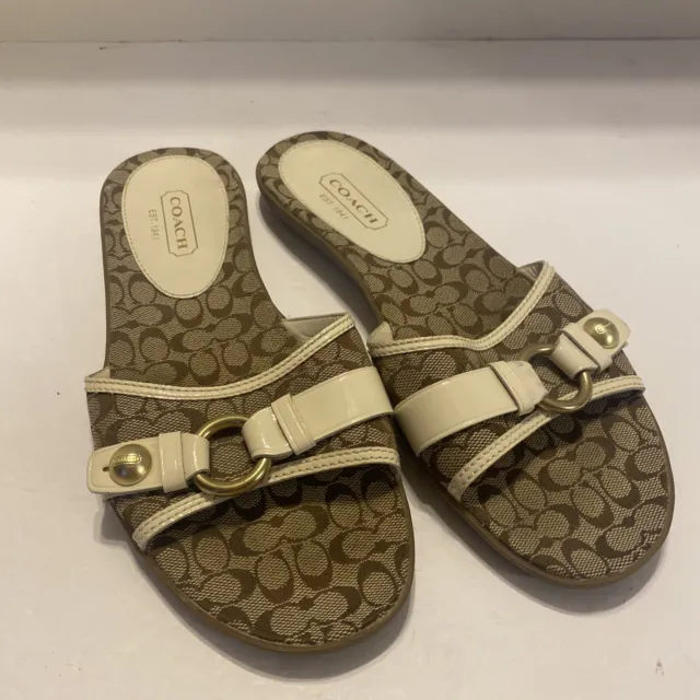 Coach Katey white and Khaki Brown Logo Flat Slide Sandals Vintage 8.5