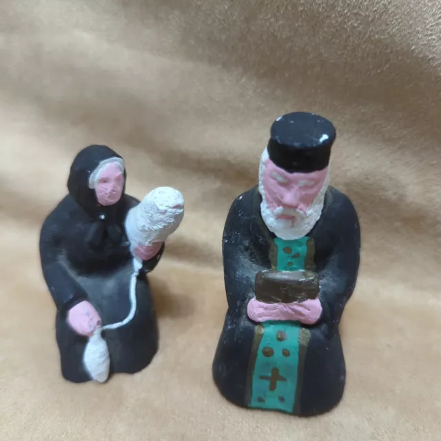 2 Rare Vintage Ceramic Priest and Elder Weave Women Greece Figurine Ornament Vgc